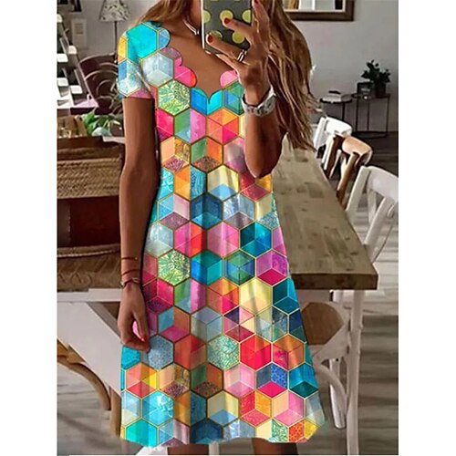 

Dame Uformell kjole Sommerkjole Print kjole Geometrisk Fargeblokk Trykt mønster Skumpet hals Mini kjole Aktiv Mote utendørs Daglig Kortermet Normal Regnbue Sommer Vår S M L XL XXL