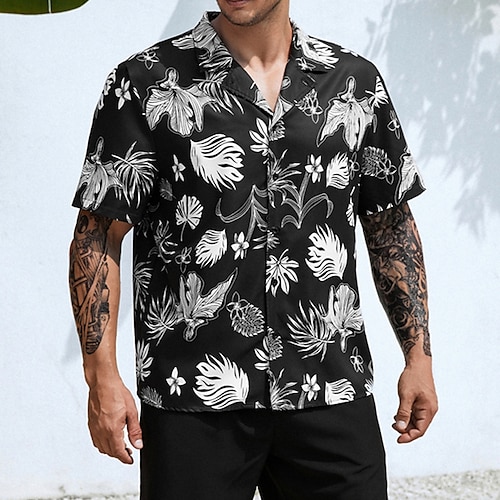 

Hombre Camisa camisa hawaiana Estampados Hojas Collar Cubano Negro Casual Hawaiano Manga Corta Abotonar Estampado Ropa Deportes Moda Ropa de calle Design