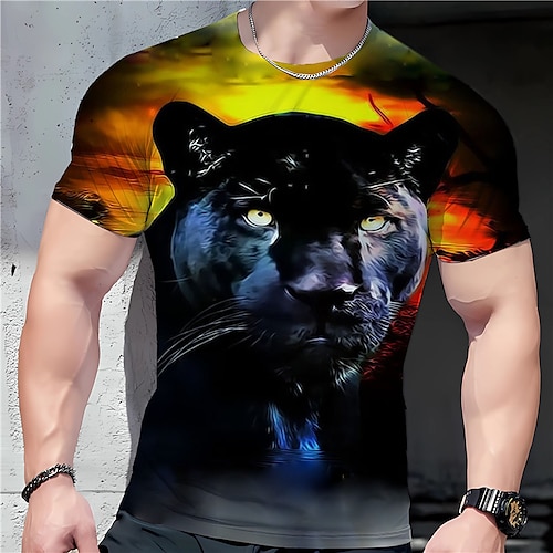 3d Tiger Print Outfits For Men, Casual Crew Neck Short Sleeve T