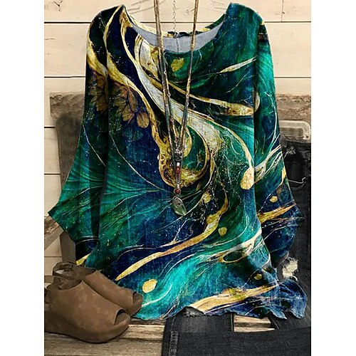 

Women's Shirt Blouse Yellow Blue Green Graphic Abstract Print Long Sleeve Casual Basic Round Neck Regular S