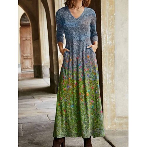 

Dame Lang kjole Maxikjole Hverdagskjole Print kjole Forårskjole Blomstret Gade Afslappet udendørs Daglig Ferie Lomme Trykt mønster Langærmet V-hals Kjole Regulær Grøn Sommer Forår S M L XL XXL