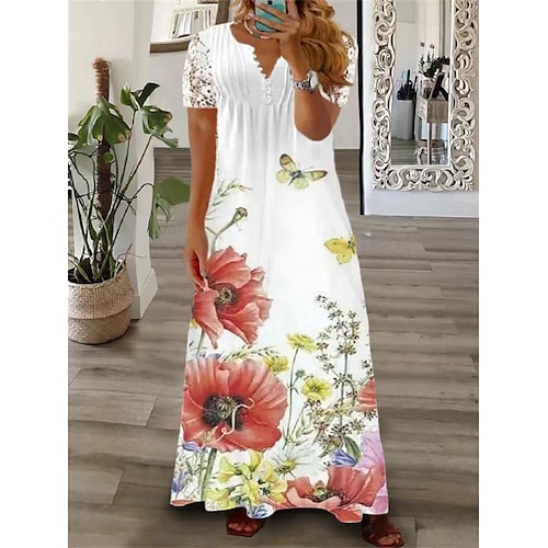 

Dame Store størrelser Uformell kjole Kjole med A-linje Blomstret Sommerfugl Lang kjole Maxikjole Kortermet Blonde Knapp V-hals Mote Daglig Hvit Gul Sommer Vår L XL XXL 3XL 4XL