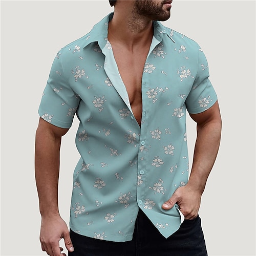 

Hombre Camisa Floral Estampados Cuello Vuelto Azul Piscina Caqui Calle Casual Mangas cortas Abotonar Estampado Ropa Moda Ropa de calle Design Suave