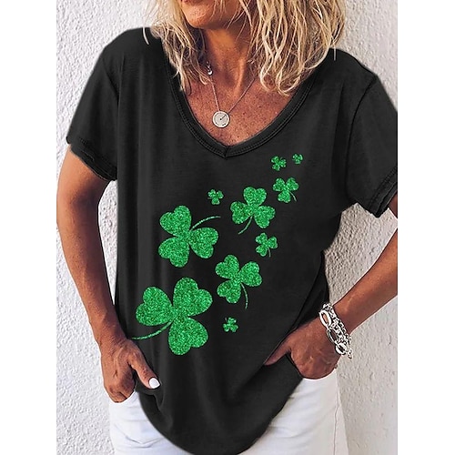 

Mujer Camiseta Negro Blanco Verde Trébol Hoja Día de San Patricio Estampado Manga Corta Festivos Fin de semana Básico Escote en Pico Regular Flor Pintura S