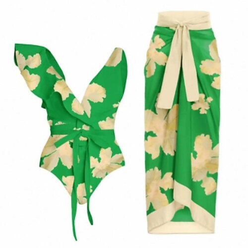 

Mulheres Roupa de Banho Uma pedaço praia inferior Normal roupa de banho 2 Peças Estampado Floral Verde Maiô Fatos de banho Esportivo Roupa de Praia Verão