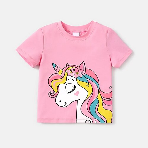 

Børn Pige T-shirt enhjørning Afslappet Kortærmet Crewneck Aktiv 7-13 år Forår Lyserød