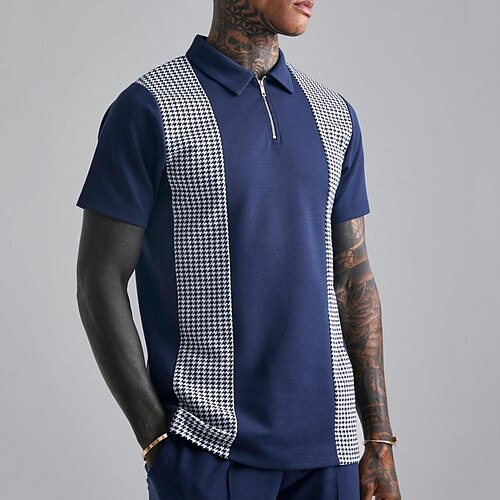 

Herre POLO Trøje Zip Polo Afslappet Daglig Kvartals lynlås Kortærmet Mode Basale Farveblok Houndstooth Mønster Patchwork Kvartals lynlås Sommer Regulær Mørkeblå POLO Trøje
