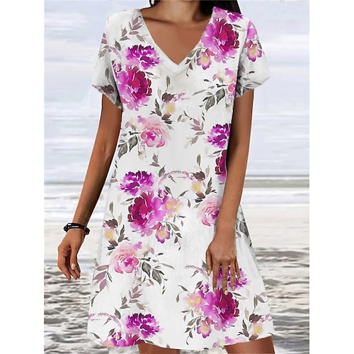 

kvinners fritidsgenser kjole sommergenser kjole print genser kjole grafisk blomsterprint v-hals mini genser kjole mote moderne hverdagsferie kortermet løs passform hvit sommer vår s m l xl