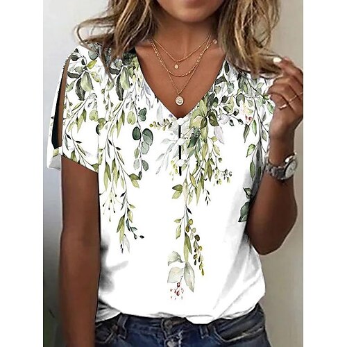 Women's T shirt Tee White Pink Blue Floral Butterfly Button Cut Out Short Sleeve Holiday Weekend Basic V Neck Regular Floral Butterfly Painting S