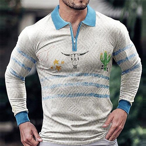 

Herre POLO T-skjorte Zip Polo Golf skjorte Grafiske trykk Årgang Ku Aftæpning Blå utendørs Gate Langermet Glidelås Trykt mønster Klær Mote Gatemote Designer Myk