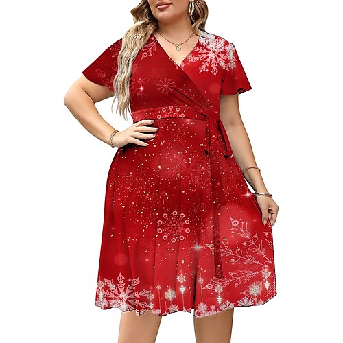 

Per donna Plus Size Abito casual Abito linea A Fiocco di neve Vestito longuette Manica corta Stampa A V Romantico Appuntamento Rosso Estate Primavera L XL XXL 3XL 4XL