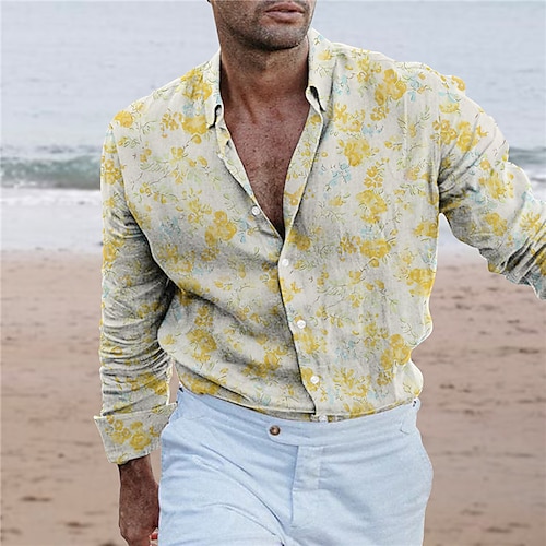 

Homme Chemise Floral Imprimés Photos Col rabattu Jaune Gris Extérieur Plein Air manche longue Bouton bas Imprimer Vêtement Tenue Mode Vêtement de rue Design Flexible