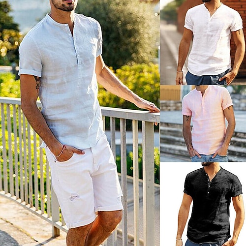 

Herre linned skjorte Button Up skjorte Sommer skjorte Casual skjorte Strandtrøje Sort Hvid Lyserød Kortærmet Vanlig Krave Sommer Afslappet Daglig Tøj