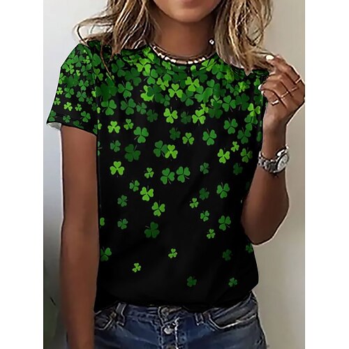 

Damen T Shirt Grün Blatt Bedruckt Kurzarm Täglich Wochenende Basic St. Patricks Day Rundhalsausschnitt Standard Blume Farbe S