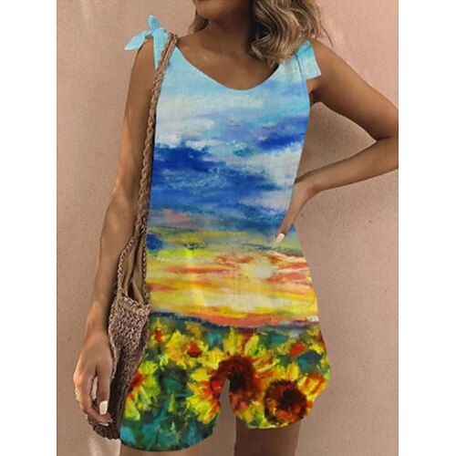 

Damen Kurz Jumpsuit Bedruckt Blumen U-Ausschnitt Brautkleider schlicht Urlaub Täglich Urlaub Regular Fit Ärmellos Weiß Marineblau Königsblau S M L XL Sommer