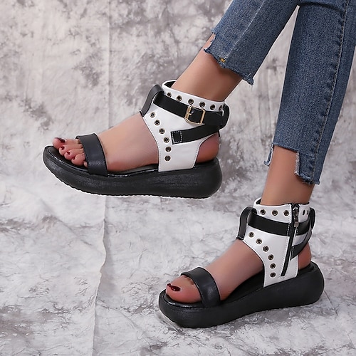 

Mujer Sandalias Sandalias de plataforma Exterior Diario Verano Plataforma Puntera abierta Pijo Cuero PU Poliéster Tira de tobillo Negro / blanco Negro Marrón