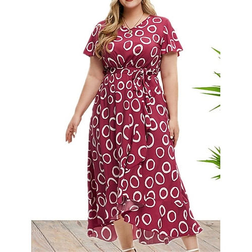 

Per donna Plus Size Abito casual Abito linea A Fantasia geometrica Vestito longuette Manica corta Lacci Stampa A V Di tendenza Esterno Rosso Estate Primavera XL XXL 3XL 4XL 5XL