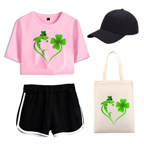 

4-delt shamrock irsk printede shorts crop top baseball kasketter lærred tote tasker sæt tee t-shirt shorts co-ord sæt til kvinders voksne outfits& matchende afslappet daglig løbegymnastiksport