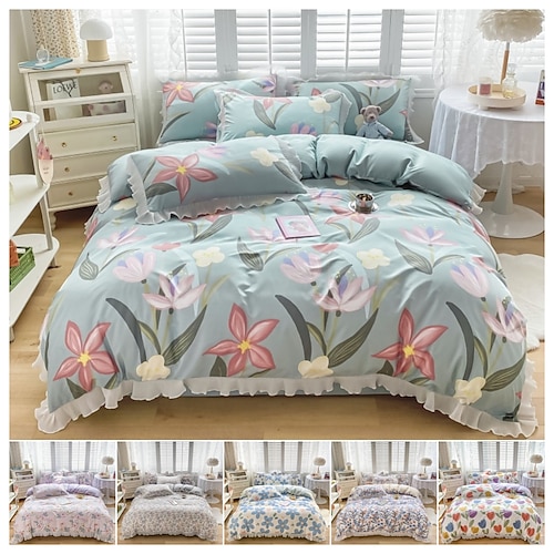 

luxe simple et léger printemps et été nouvelle soie lavée ensemble de quatre pièces de draps de lit en dentelle de lotus quatre saisons produits de lit universels