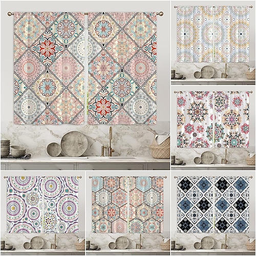 

Boho Kitchen Curtain 2 Panels,Short Cafe Curtain Floral,Valance Curtain For Living Room Bedroom Patio Balcony Door Window Treatments Room Darkening