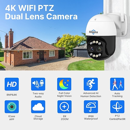 

hiseeu 4k 8mp lente dupla ptz wifi câmera ip 8x zoom ao ar livre hd full color visão noturna câmeras de vigilância por vídeo detecção humana