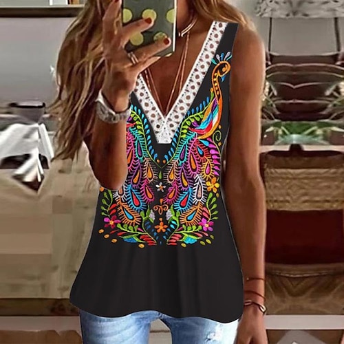 

Damen Tank Top Schwarz Graphic Spitzenbesatz Bedruckt Ärmellos Casual Basic V Ausschnitt Standard S