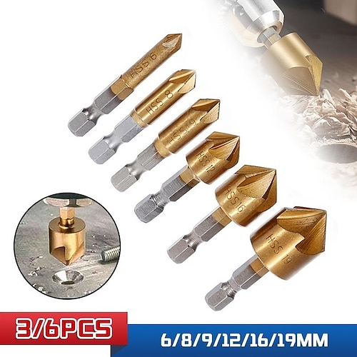 

6 pçs conjunto de brocas escareadoras 1/4 '' haste hexagonal hss 5 flautas escareadoras 90 graus cortador de chanfro de madeira chanfro 6mm-19mm