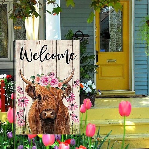 

Willkommen Frühling Hochland Kuhgarten Flagge Sackleinen doppelseitig vertikal Bauernhaus Blumen Kuhhof Dekor Frühling Sommer Gänseblümchen Blumen Veranda Flagge rustikale saisonale Outdoor-Flagge