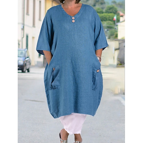 

Per donna Plus Size Abito in cotone e lino Abito casual Tinta unica Vestito longuette Manica a 3/4 Pulsante Tasche A V Essenziale Esterno Blu Estate Primavera L XL XXL 3XL 4XL