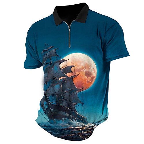 

Herre POLO Trøje Zip Polo Golftrøje MOON Grafiske tryk Årgang Sejlbåde Aftæpning Blå Grå udendørs Gade Kort Ærme Lynlås Trykt mønster Tøj Mode Designer Afslappet Åndbart