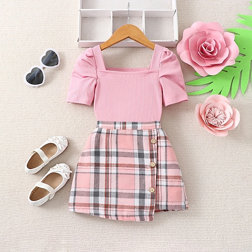 

2 pezzi Bambino (1-4 anni) Da ragazza A quadri Gonna e camicia Impostato Manica corta Attivo Esterno 3-7 anni Estate Rosa