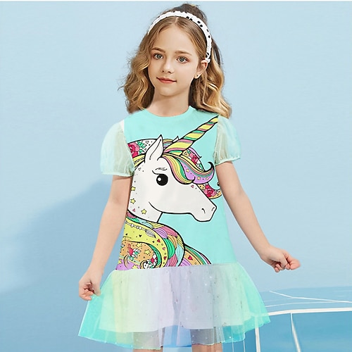 

Bambino Da ragazza Vestito Unicorno Abito linea A Sopra il ginocchio Vestito Esterno Girocollo Manica corta Adorabile Vestito 4-12 anni Estate Viola Verde