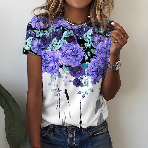 

T shirt Tee Femme Rose Claire Bleu Violet Floral Imprimer Manche Courte Vacances Fin de semaine basique Col Rond Normal Standard Fleur Peinture S