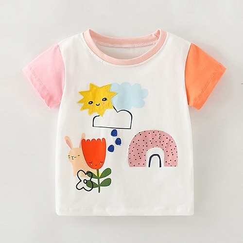 

Børn Pige T-shirt Tegneserie Skole Trykt mønster Kortærmet Yndig 3-7 år Sommer Hvid