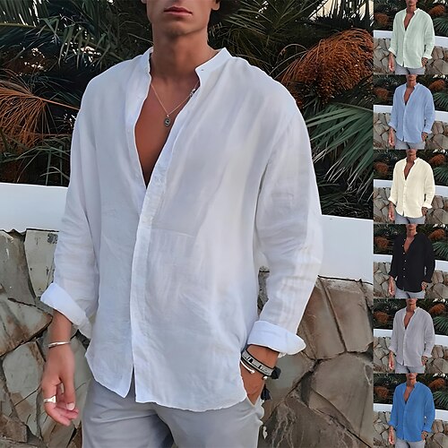 

Men's Linen Shirt Shirt Summer Shirt Beach Shirt Turndown Spring & Fall Long Sleeve Black White Navy Blue Plain Outdoor Street Clothing Apparel