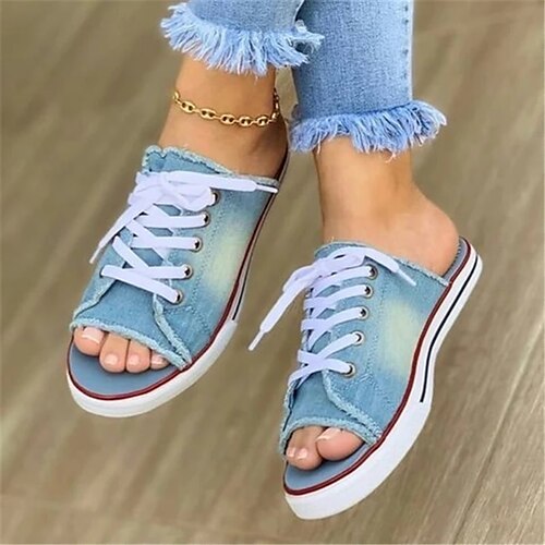 

Damen Sandalen Hausschuhe im Freien Outdoor Täglich Flacher Absatz Offene Spitze Brautkleider schlicht Minimalismus Leinwand Halbschuhe Feste Farbe Hellblau Schwarz Dunkelblau