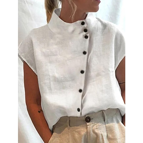 

Women's Shirt Blouse Turtleneck shirt Light Blue Black White Plain Button Short Sleeve Casual Basic Standing Collar