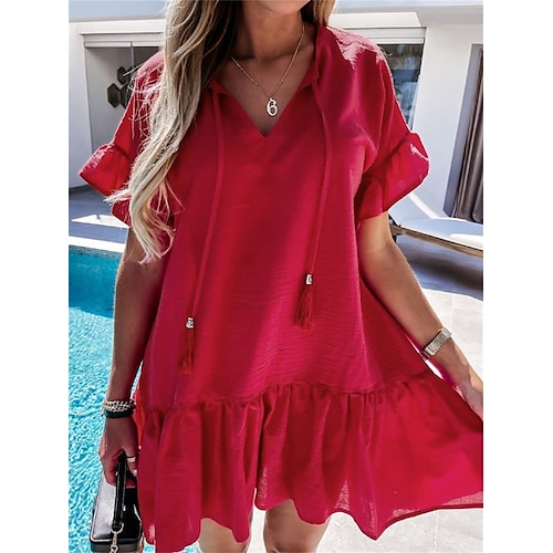 

Dame Uformell kjole Sommerkjole Vanlig kjole عادي Drapering V-hals Mini kjole Mote Gatemote utendørs Daglig Kortermet Løstsittende Svart Hvit Rød Vår Sommer S M L XL XXL