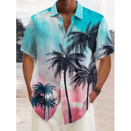 

Herren Hemd Hawaiihemd Sommerhemd Kokosnussbaum Grafik-Drucke Umlegekragen Blau Braun Grün Blau Blau Strasse Casual Kurze Ärmel Button-Down Bedruckt Bekleidung Leinen Tropisch Modisch Strassenmode