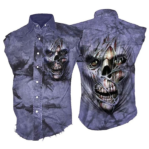 

Homens camisa de linho Camisa Social Caveiras Estampas Abstratas Aberto para a Lateral Roxo Ao ar livre Rua Sem Manga Botão para baixo Imprimir Roupa Linho Moda Roupa de rua Designer Casual