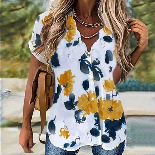 

Chemise Chemisier Femme Blanche Jaune Bleu Floral Tie Dye Bouton Imprimer Manche Courte Casual Vacances basique Col V Normal Standard Fleur S