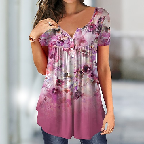 

Damen T Shirt Rosa Blau Purpur Blumen Taste Bedruckt Kurzarm Festtage Wochenende Basic Rundhalsausschnitt Lang Blume Farbe S