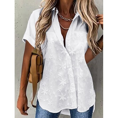 

Mulheres Camisa Social Blusa Branco Floral Botão Manga Curta Casual Feriado Básico Colarinho de Camisa Padrão Tema Flores S