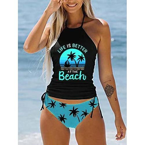 

Dame Badetøy Tankini 2 stk Normal Badedrakt 2 deler Printer Palmetre Svart Gul Rød Blå Singleter Badedrakter Sport Strand Klær Høst