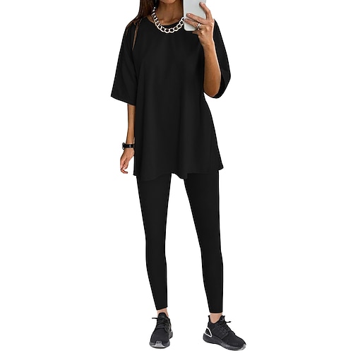 

Dame Loungewear Sæt Ren farve Sport Afslappet Komfort Hjem Daglig I-byen-tøj Polyester Åndbart Rund hals Kortærmet T-shirt Bukse Sommer Forår Sort Lyserød