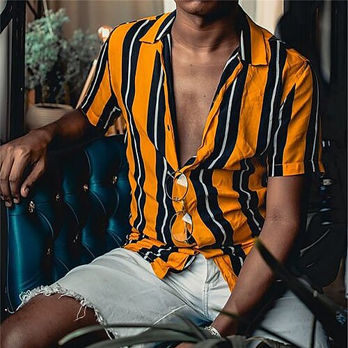 

Herre Skjorte Button Up skjorte Sommer skjorte Casual skjorte Rød Blå Orange Grøn Kortærmet Stribet Grafiske tryk Aftæpning Gade Daglig Trykt mønster Tøj Mode Afslappet Bekvem