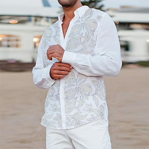 

Per uomo camicia di lino Camicia estiva Camicia da spiaggia Bianco Blu Cachi Manica lunga Fiore / Piante Collo ripiegabile Primavera estate Informale Giornaliero Abbigliamento Tasca frontale