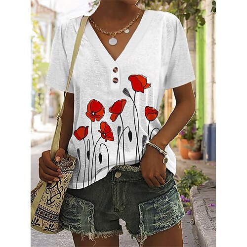 

T shirt Tee Femme Blanche Floral Bouton Imprimer Manche Courte Vacances Fin de semaine basique Col V Normal Standard Fleur Peinture S