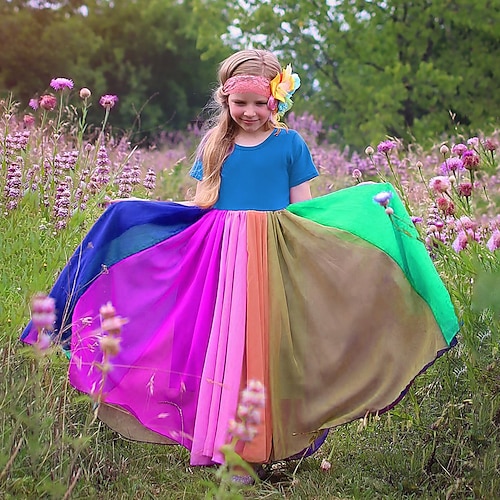 

Bambino Da ragazza Vestito Color Block Vestito svasato Maxi Vestito Scuola Girocollo Manica corta Festività Vestito 4-12 anni Estate Nero Blu Viola