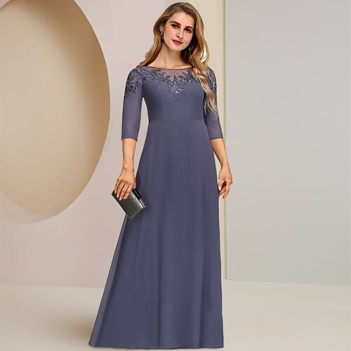 

A-linje Kjole til brudens mor Formel Elegant Scoop hals Gulvlang Chiffon Blondelukning 3/4-ærmer med Paillette Applikeret broderi 2023